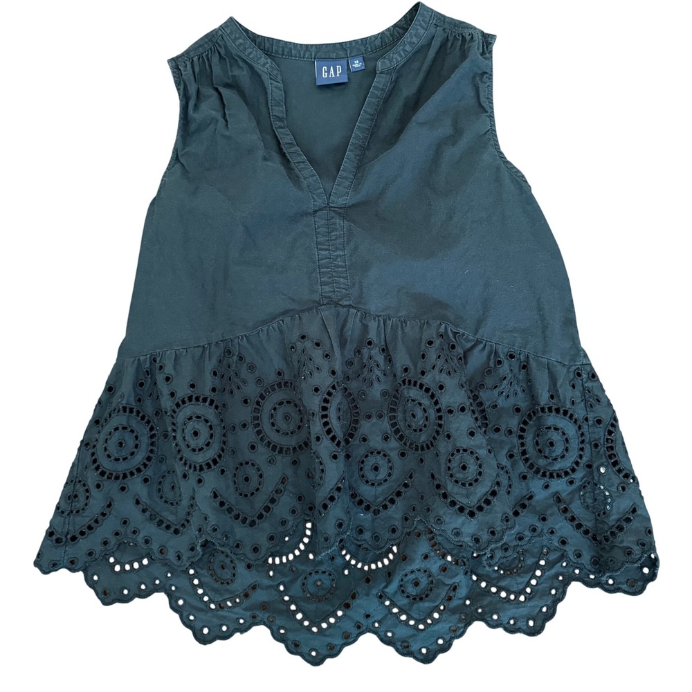 Gap Womens Black Peplum Eyelet Top Sleeveless V-Neck Scalloped Hem‎ Size XS
